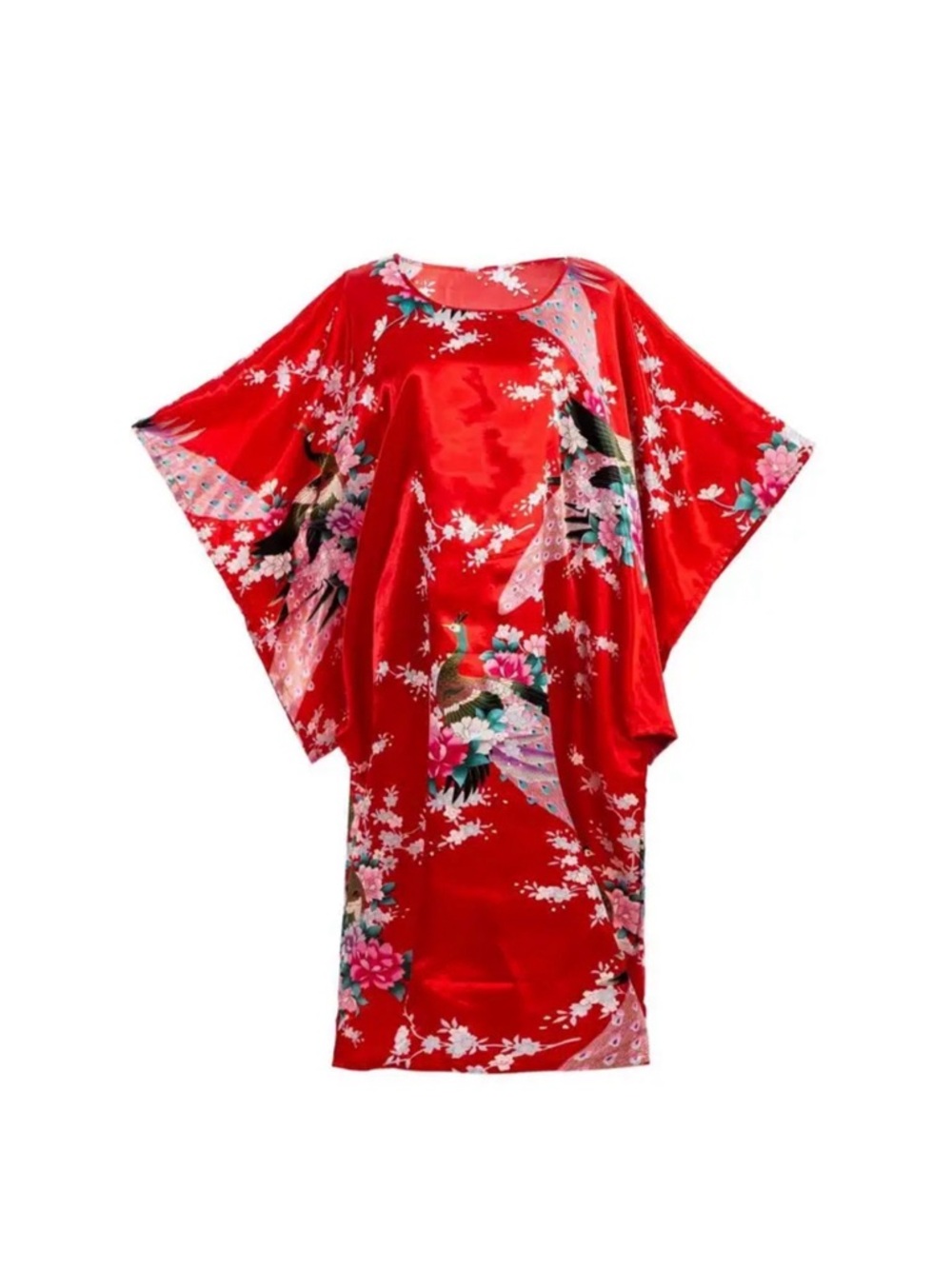 Red Satin Floral Kimono Dress